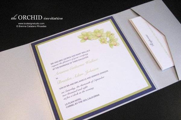 The Orchid pocketfolder invitation with double layer backing from Brenna Catalano Design Studio. Color can be customized. Also available as a panel invitation.