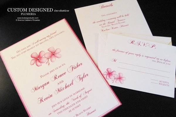 The Plumeria invitation with original artwork by Brenna Catalano Design Studio. Format and colors customizable.