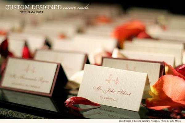 San Francisco theme escort cards with original artwork by Brenna Catalano Design Studio. Colors customizable.