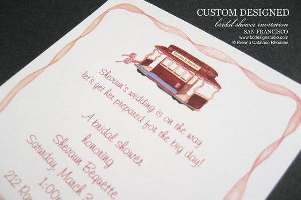 Custom bridal shower invitation with original cable car artwork by Brenna Catalano Design Studio.