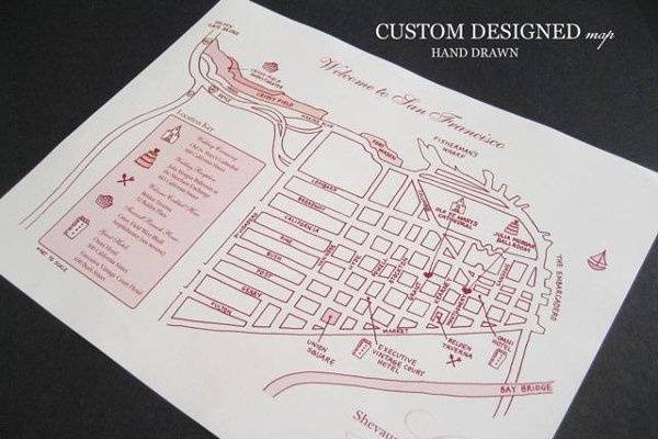 Custom hand drawn map for wedding invitation and gift bag by Brenna Catalano Design Studio.