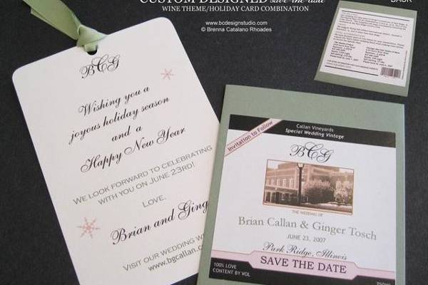 Custom designed wine label themed save the date by Brenna Catalano Design Studio. Combined holiday card/save the date.