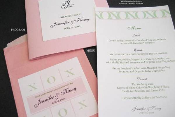 Custom menu, favor bag and wedding ceremony program by Brenna Catalano Design Studio.