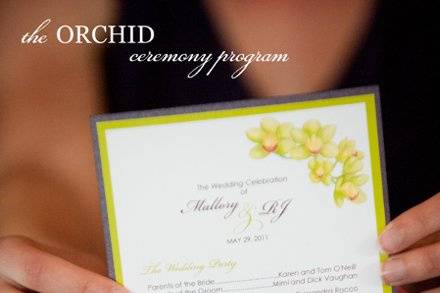 Wedding ceremony program with handpainted cymbidium orchid motif by Brenna Catalano Design Studio.