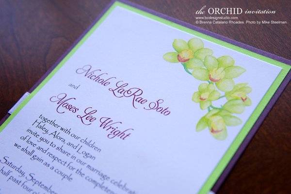 The Orchid panel invitation with double layer backing and satin ribbon from Brenna Catalano Design Studio. Color can be customized. Also available as a pocketfolder.