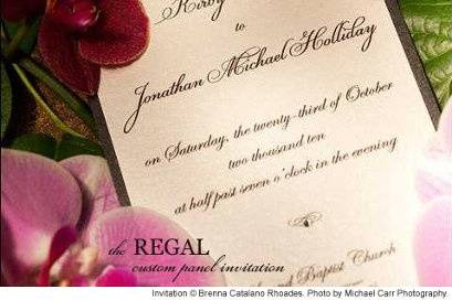 The Regal panel invitation with crystal buckle and satin ribbon from Brenna Catalano Design Studio. Color can be customized.