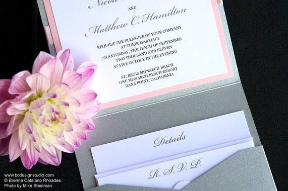 The Regency invitation with double layer, crystal accent and satin ribbon from Brenna Catalano Design Studio. Tag on front with names and wedding date. Color can be customized.