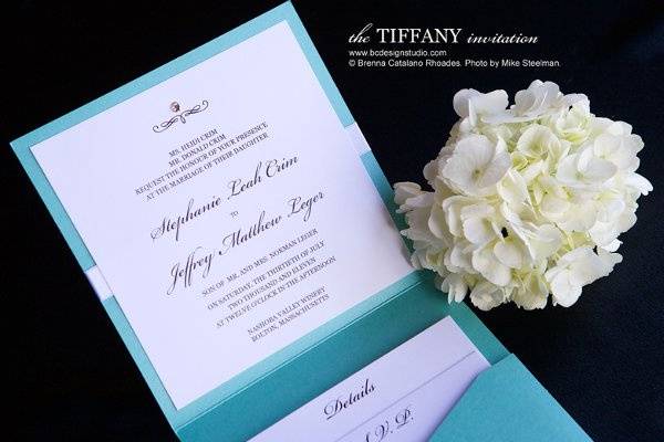 The inside of our Tiffany blue themed wedding invitation with Swarovski Crystal accent and pocketfolder from Brenna Catalano Design Studio. Color can be customized.