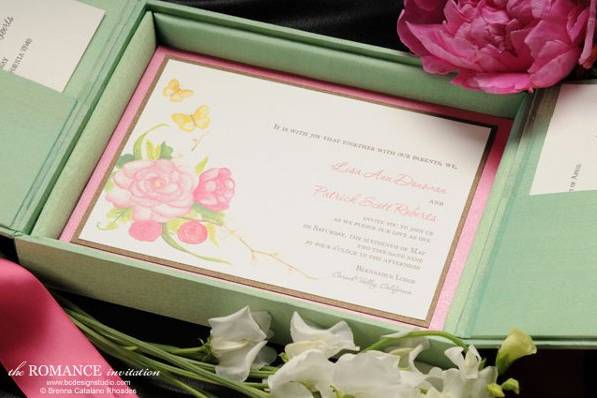The Romance invitation with original floral artwork by Brenna Catalano Design Studio. Shown in silk box, available in other formats.