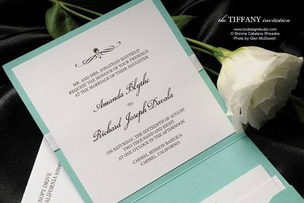 The inside of our Tiffany themed wedding invitation with Swarovski Crystal accent and pocketfolder from Brenna Catalano Design Studio. Color can be customized.