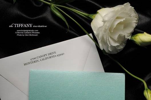 The front of the Tiffany themed wedding invitation from Brenna Catalano Design Studio. The color can be customized.