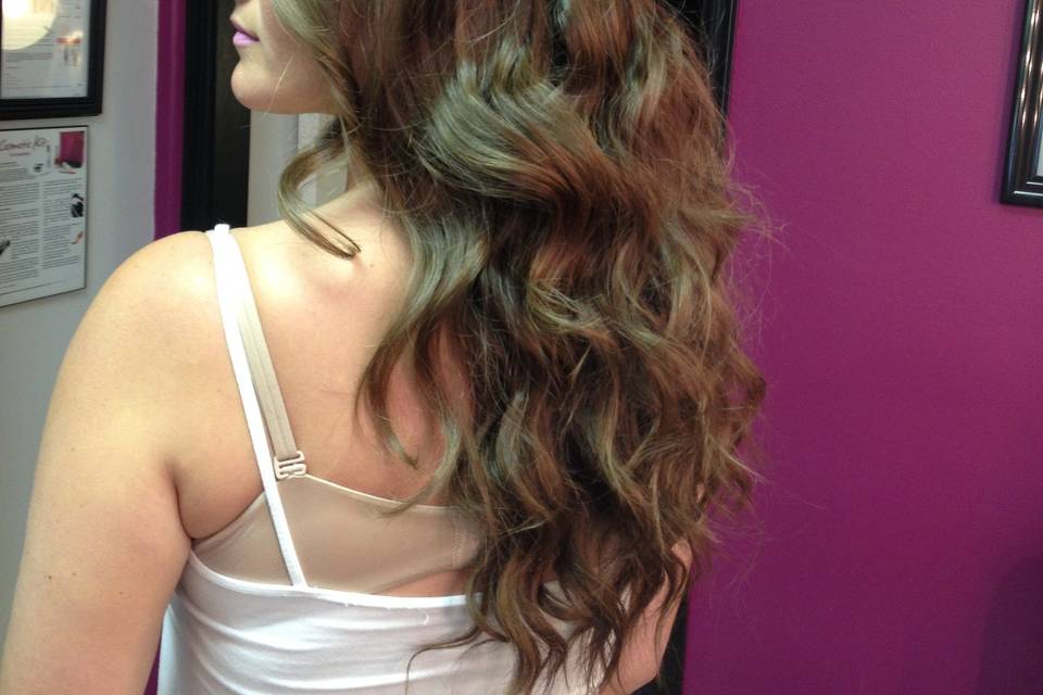 Whimsical half up curly hair, extensions added for lenth