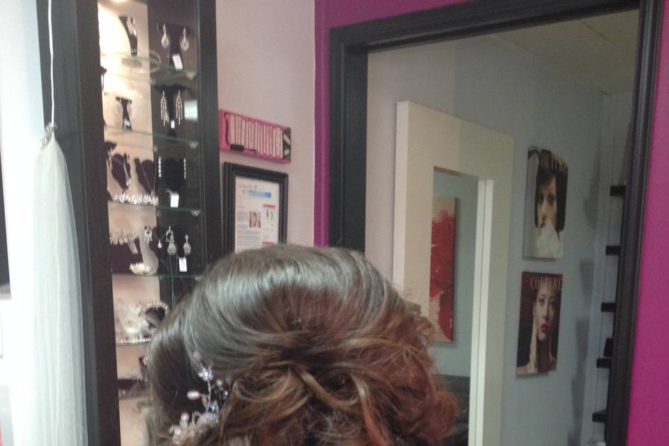 half up side swept wedding hair, Brides can add length and fullness by incorporating 100% natural clip-in hair extensions can be worn in an up-do, or down.   Custom made by Roseanna to be color matched perfectly to the bride's hair