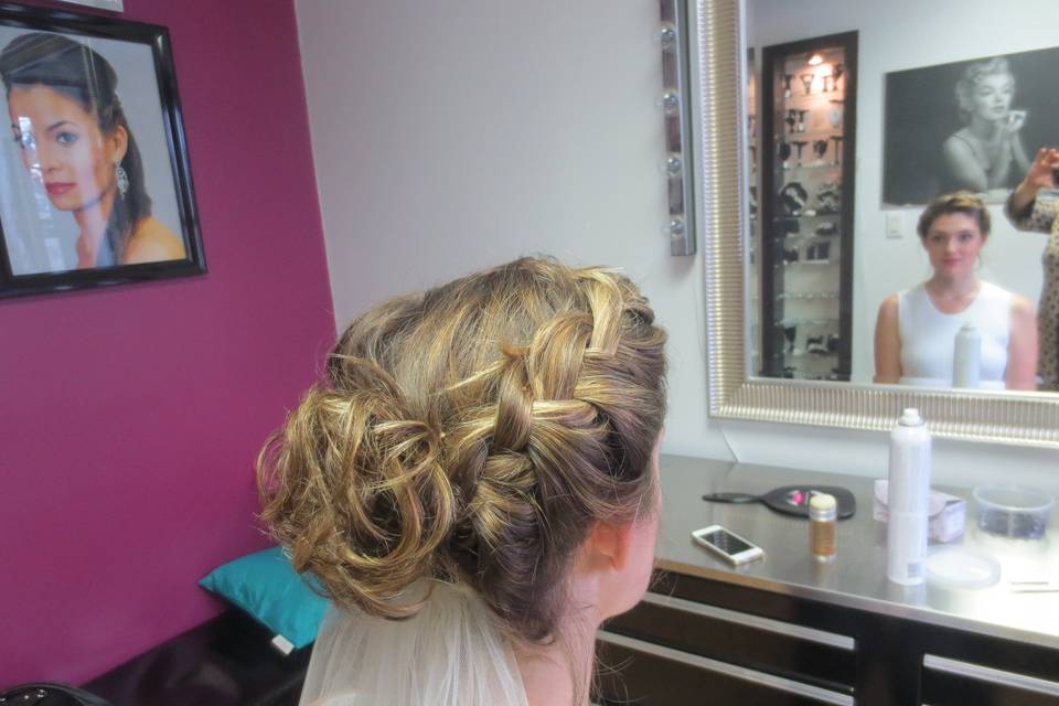 long wavy wedding hair, length and fullness by incorporating 100% natural clip-in hair extensions can be worn in an up-do, or down.   Custom made by Roseanna to be color matched perfectly to the bride's hair