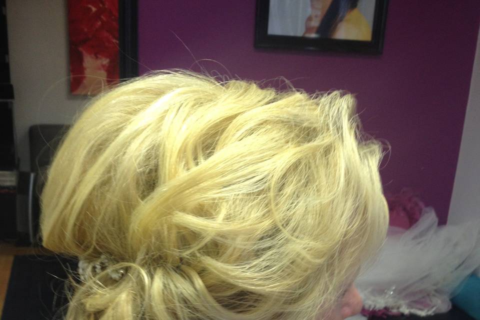 Bride, Loosely curled half up hairstyle
