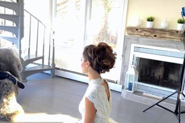 wedding hair, Side braid in-twin in to a bun, hair extension  incorporated into bun.