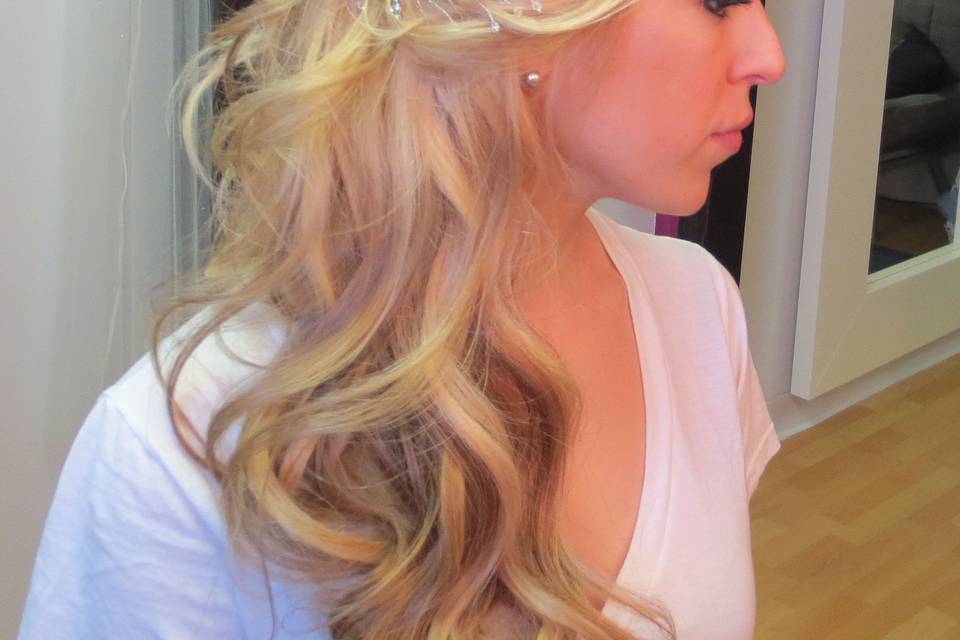 Voluminous long hair, bridal hairstyle, extensions incorporated for length and fullness, custom blended by Roseanna Amador