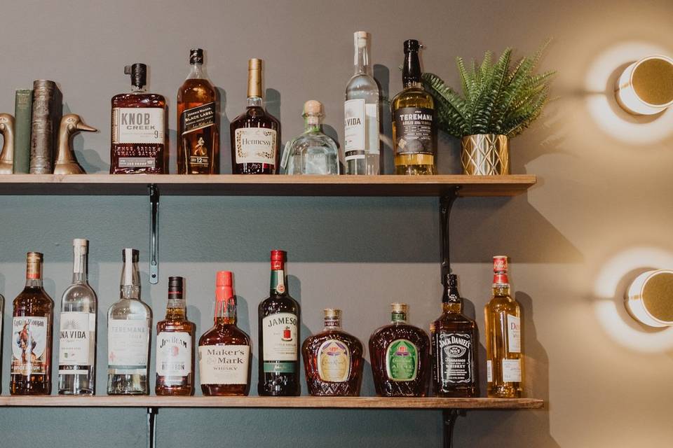 Sleek bar shelves and lighting