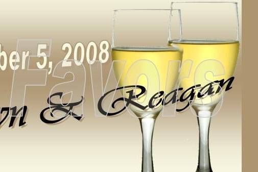 CELEBRATE! Champagne bottle and glasses with Bride & Groom's Names and date.
Order online at www.srfavors.com design code W211