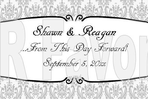 Damask print background with scroll box. (Background, font and borders can be in any colors)
From This Day Forward with bride and groom names and date.
Order online at www.srfavors.com design code W312
