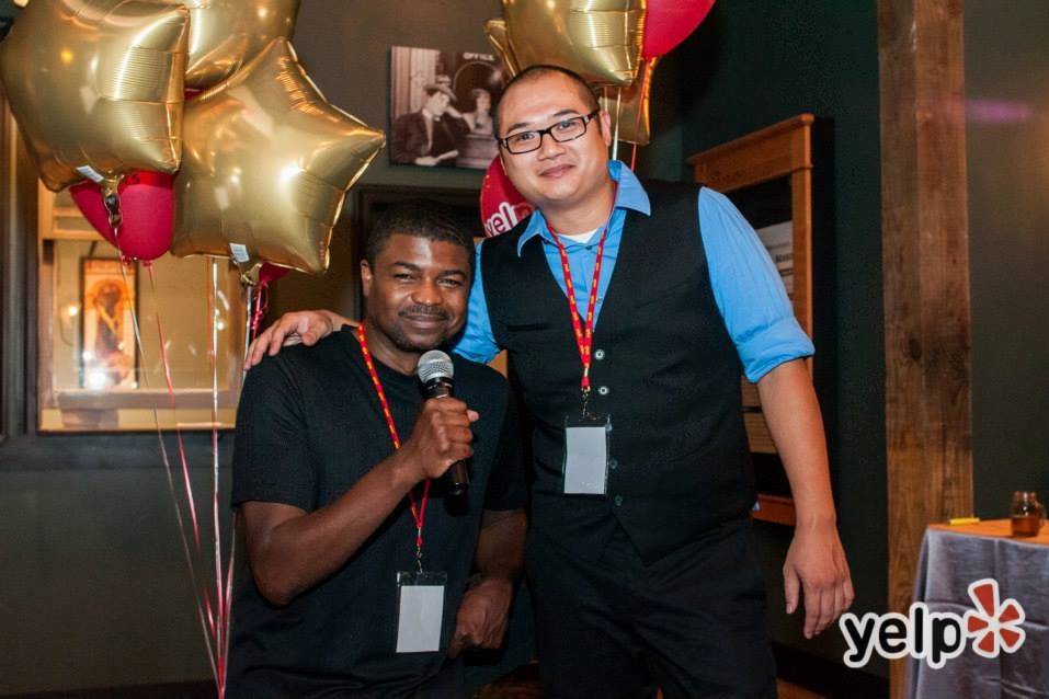 DJ Chuck Anthanio and DJ Vu at Charleston Yelp Annual Event. Woolfe Street Playhouse, Downtown, Charleston.