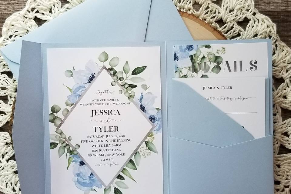 Blue Greenery Pocket Invite