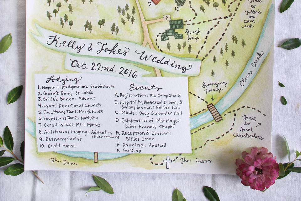 Custom map for an October wedding weekend at Camp McDowell.