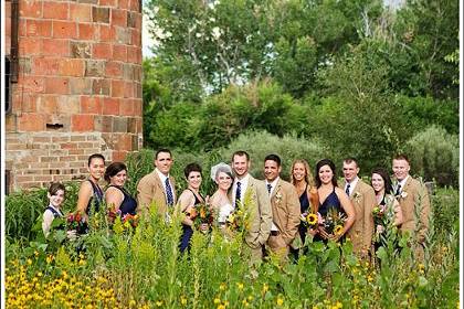 Wedding party near the red brick silo at Chatfield Botanic Gardens in Littleton, CO