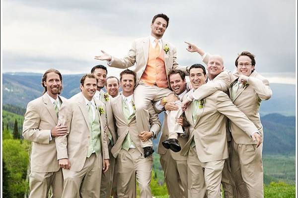 Groom and his groomsmen have some fun at the top of Mount Werner in Steamboat Springs, CO