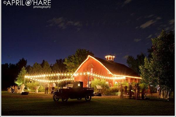 The Green Farm Barn all lit up at night at Chatfield Botanic Gardens in Littleton, CO