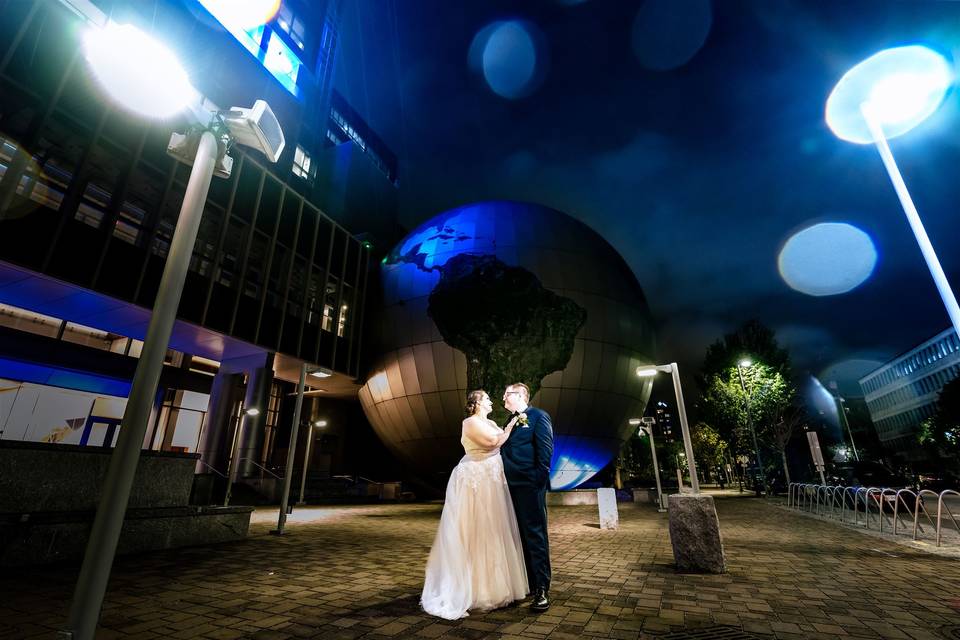 Museum outdoors at night