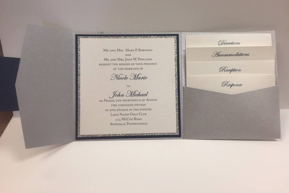 A sliver of Silver Glitter adds sparkle to this elegant silver and navy pocket invitation