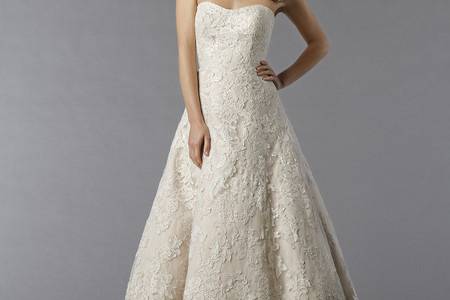 Style 32797524  This a-line gown features a sweetheart neckline with in lace. It has a chapel train. This gown is Exclusive to Kleinfeld Bridal.