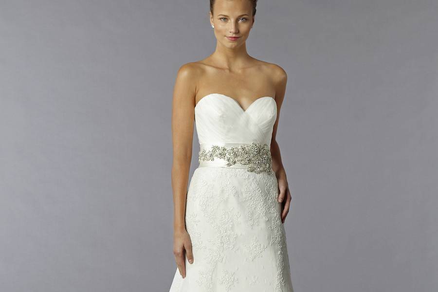 Style 32561508  This a-line gown features a sweetheart neckline with a natural waist in lace. It has a chapel train. This gown is Exclusive to Kleinfeld Bridal.
