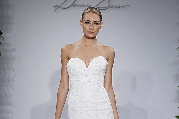 Style	14036		Ivory strapless beaded sweetheart fit and flare gown with tiered organza skirt