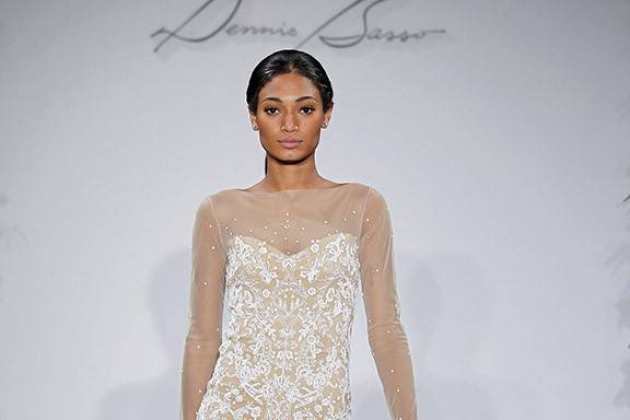 Style	Allure		Long Sleeve Nude Netting with white hand beaded symmetrical patterns on sheath gown with flounce at bottom