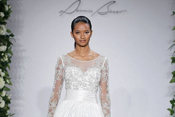Style	Swan		Long sleeve off the shoulder ivory silk organza with hand beaded Starburst on bust and a-line skirt