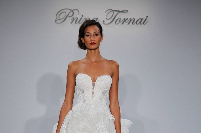 Style	Pnina Tornai	4342		Crystal spaghetti strap beaded and embroidered chantilly lace sheath with illusion skirt and detachable train