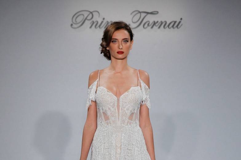 Style	Pnina Tornai	4358		Pearlized crystal beaded and embroidered chantilly lace spaghetti strap sheath with peplum skirt and off the shoulder peplum sleeve