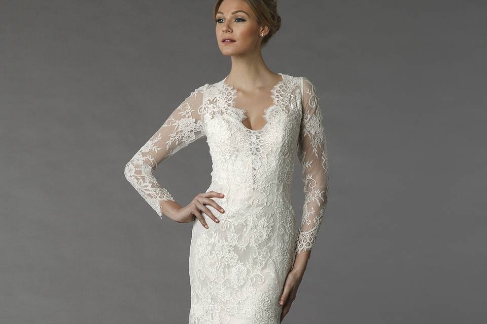 Danielle Caprese 113077		This sheath gown features a v-neck neckline with a natural waist in lace. It has a chapel train and long sleeves.