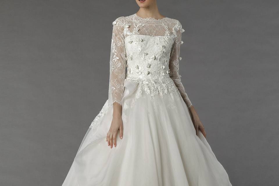 Tony Ward 21V2		This a-line gown features an illusion neckline with a natural waist in organza and beaded embroidery. It has a sweep train and long sleeves.