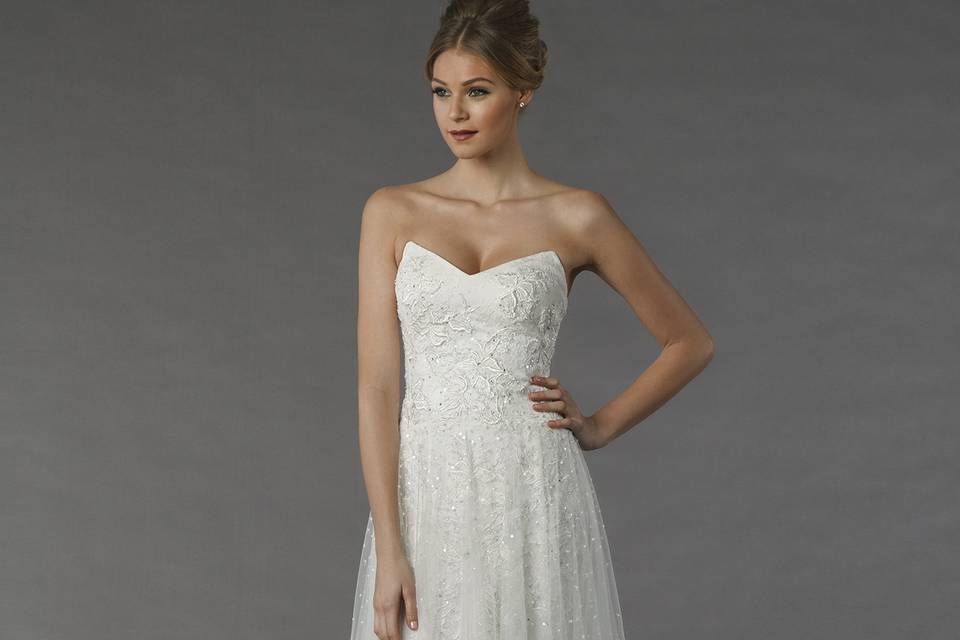 Tony Ward Anemone		This a-line gown features a v-neck neckline with a natural waist in chiffon and beaded lace. It has a chapel train.