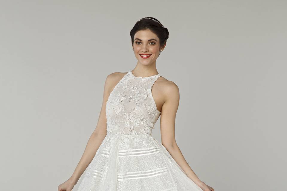 Tony Ward for Kleinfeld	Daniela		Short off white tulle dress with halter neckline and horizontal ribbon band detailing on the skirt.