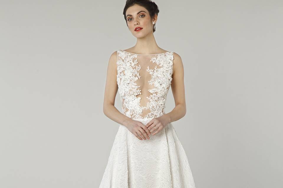 Tony Ward for Kleinfeld	Phyllis		Off white A-line dress with Gazar Cloque skirt, patchwork lace bust and sheer neckline.