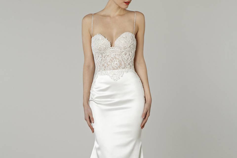 Pnina Tornai for Kleinfeld 	4339		Ivory lace gown with v-neckline and long sleeves.