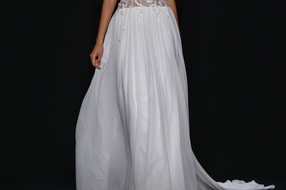 Style	145  Gown of floral/beaded illusion over nude with rouched illusion bodice and full silk chiffon skirt