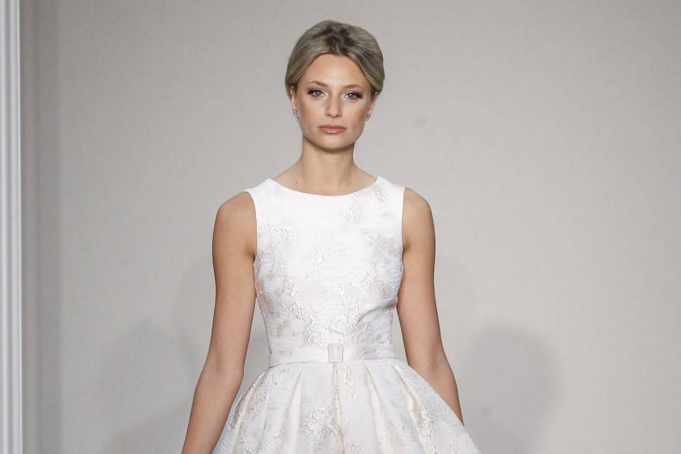 Style	CAPRI  Ivory silk brocade cocktail dress with a jewel-neckline, beaded belt and pleated skirt