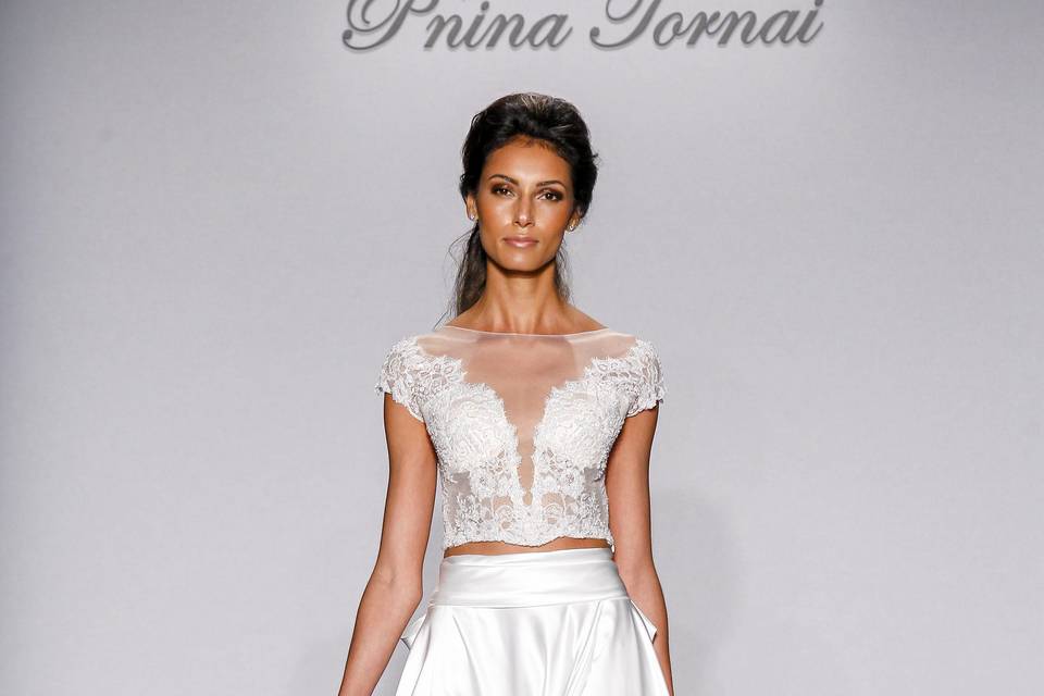 Pnina Tornai Style 4468  Ivory tulle and lace capped sleeve ball gown with pearl and Swarovski beaded appliques.