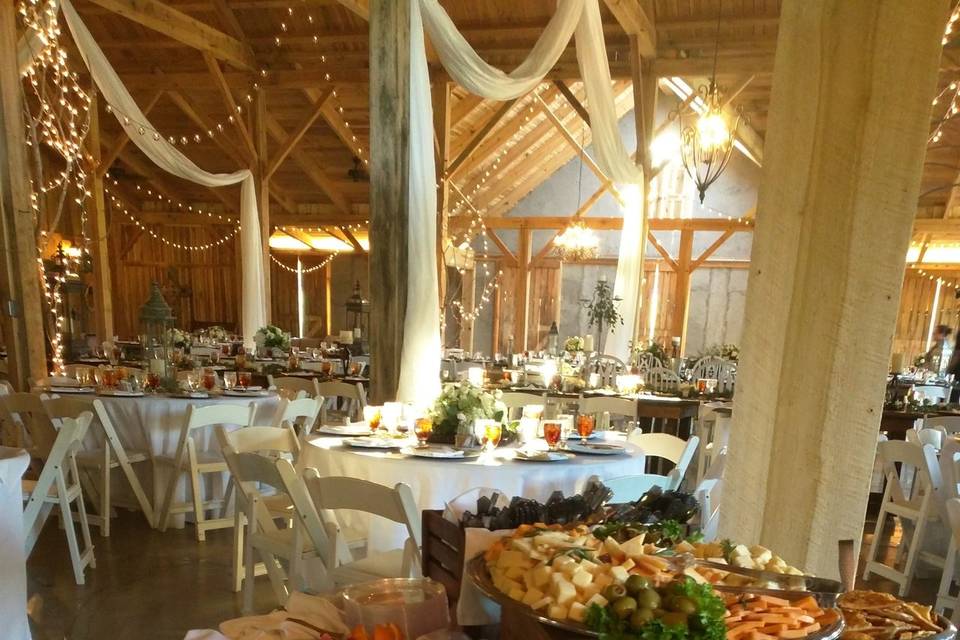 Fruit and Veggie Trays at a Rustic Barn Wedding with disposable serviceware