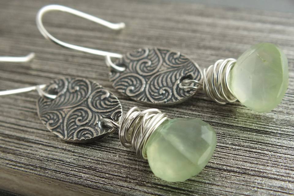 Prehnite wrapped stamped oval dangle .925 earrings